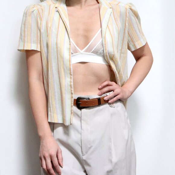 70s Yellow Pastel Rainbow Striped Overcoat w/ Short Sleeve & Slim Collar, Gauzy - Picture 6 of 10